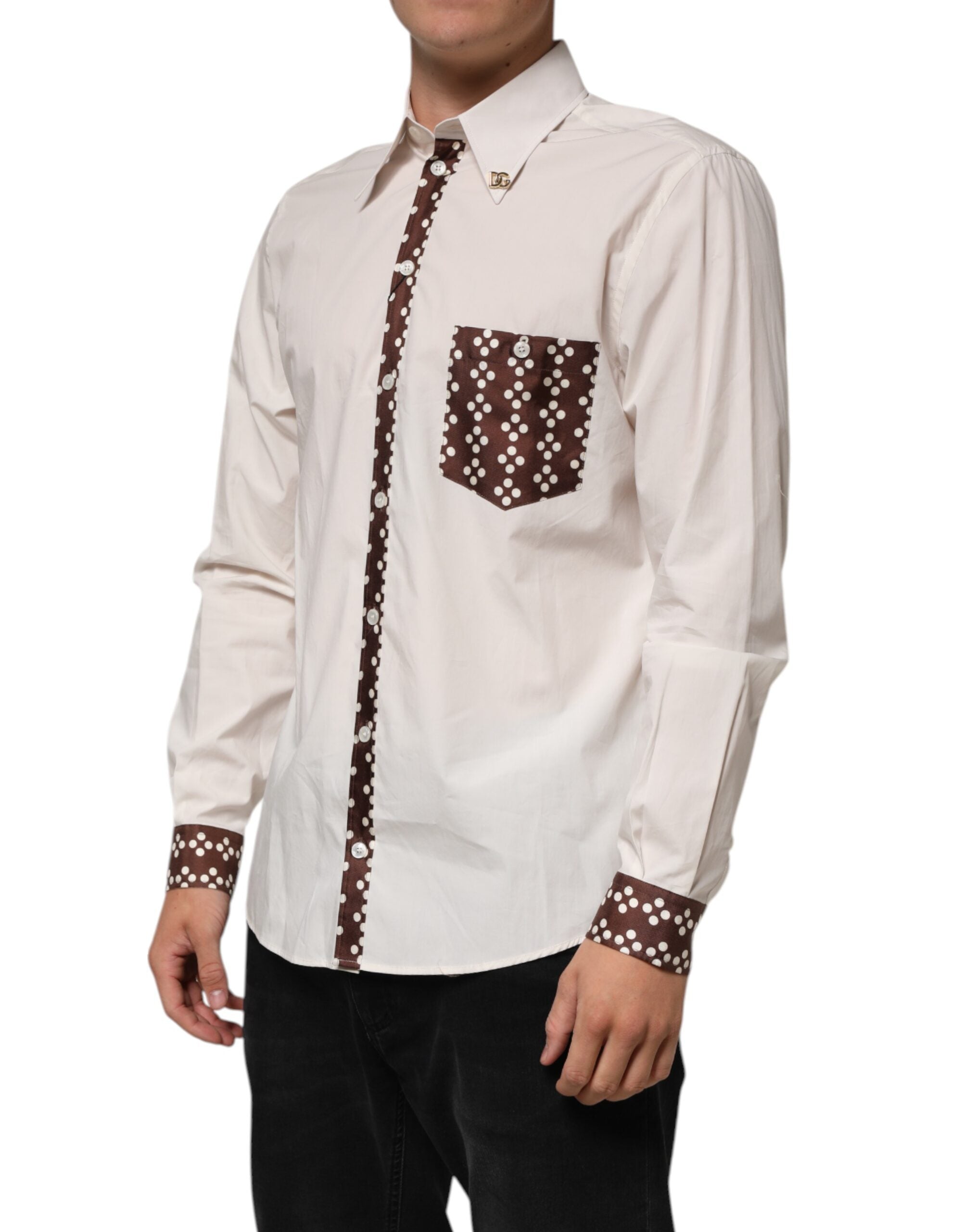 Dolce & Gabbana Cremeweißes gepunktetes Slim Fit Hemd aus Baumwolle